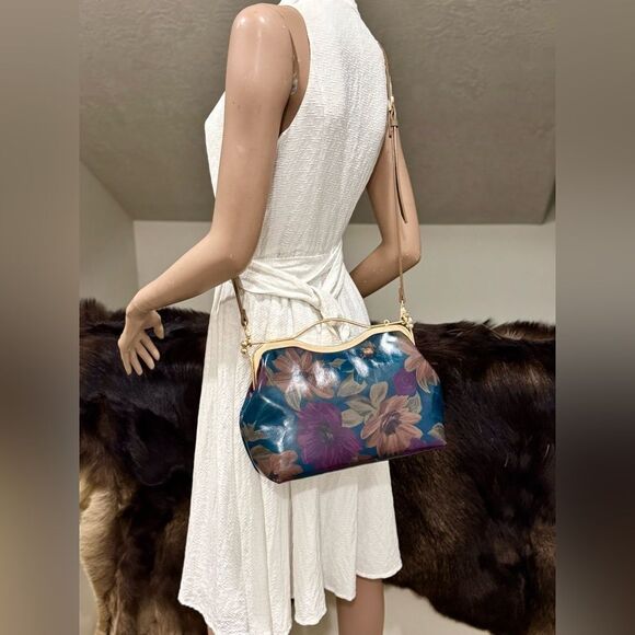 Floral Print Cowhide Leather Handmade Double Kisslock Top Handle Bag/Crossbody - Picture 7 of 15
